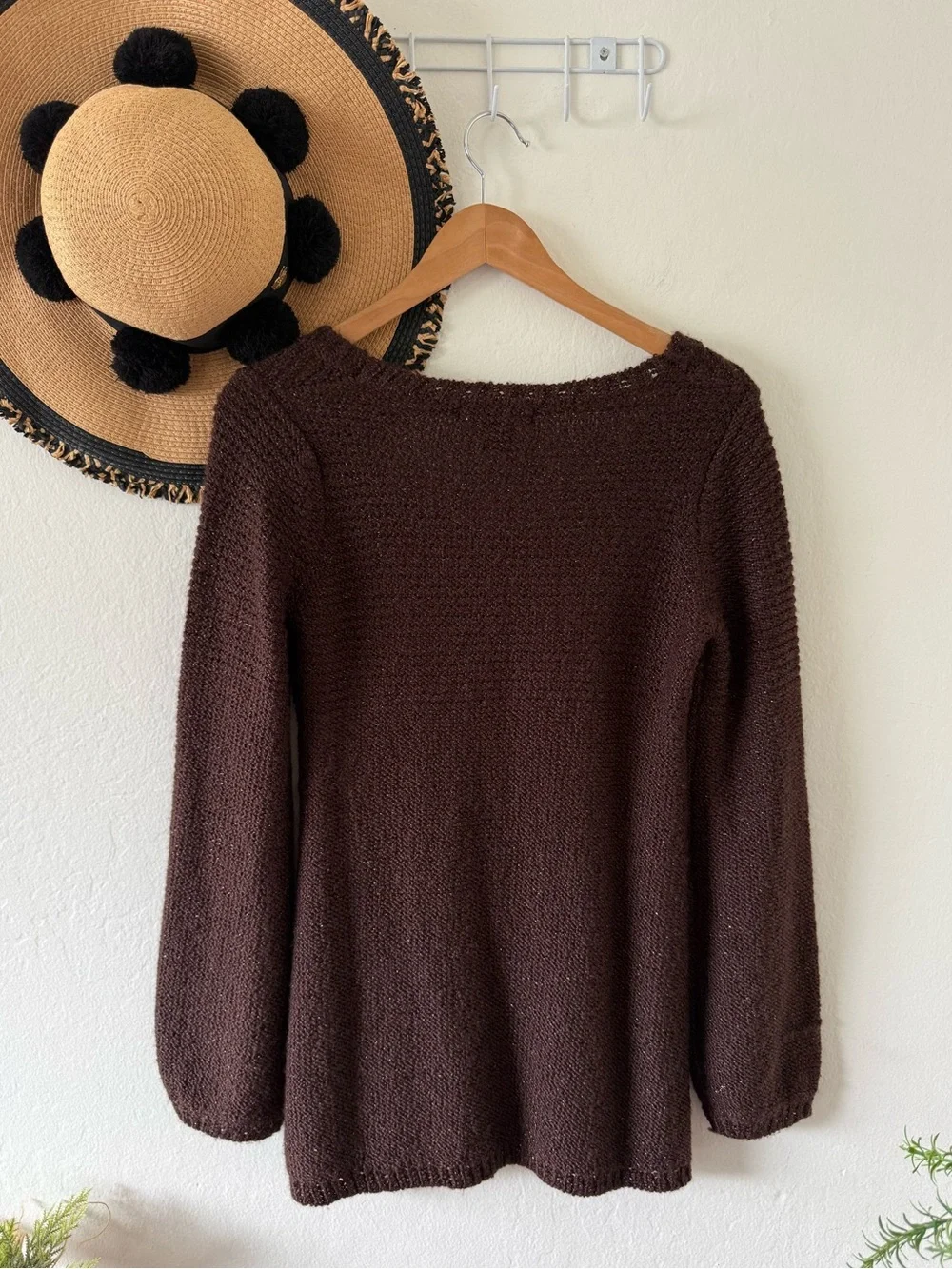 Raisey Brown Wool Blend Cable Knit Babydoll Sweater Shimmer Size Large Y2K Fall